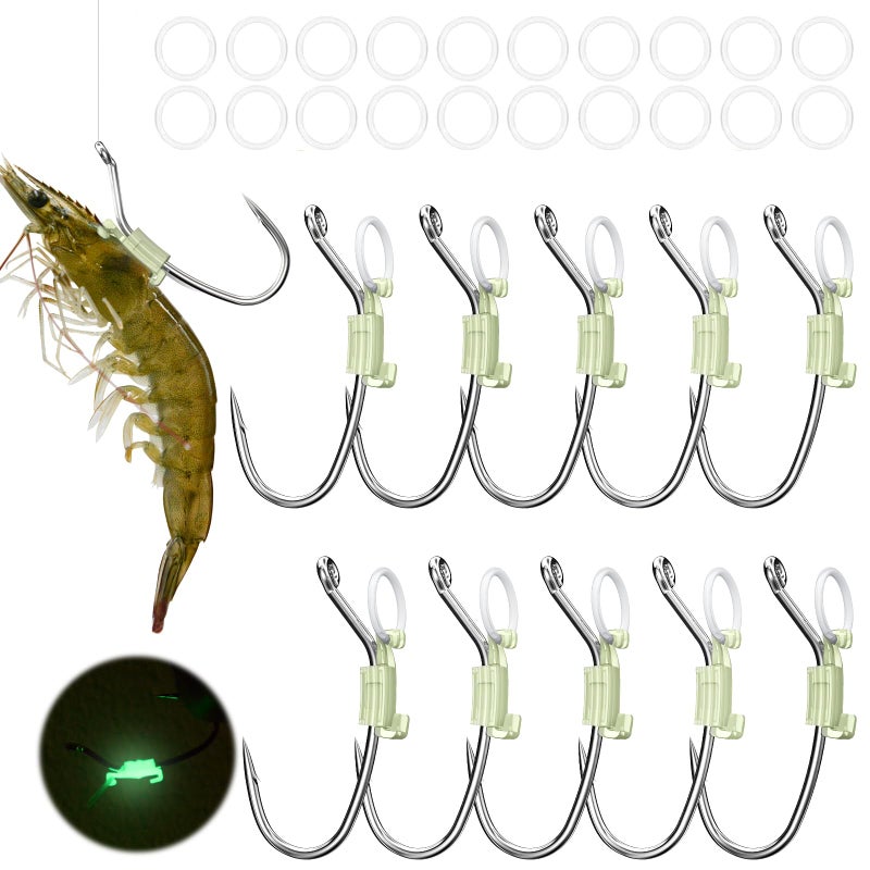 KANAMA Luminous Live Shrimp Fishing Hooks,Carbon Steel Barbed Hooks with Holes, Ideal for Bass,Snapper,Groupers,Pike,That Can Adapt to Various Fishing, Small, 10 Pcs - Image 1